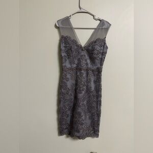 Tadashi Shoji Grey Cocktail Dress Size 2 Scalloped Hem Beaded Bodycon XS
